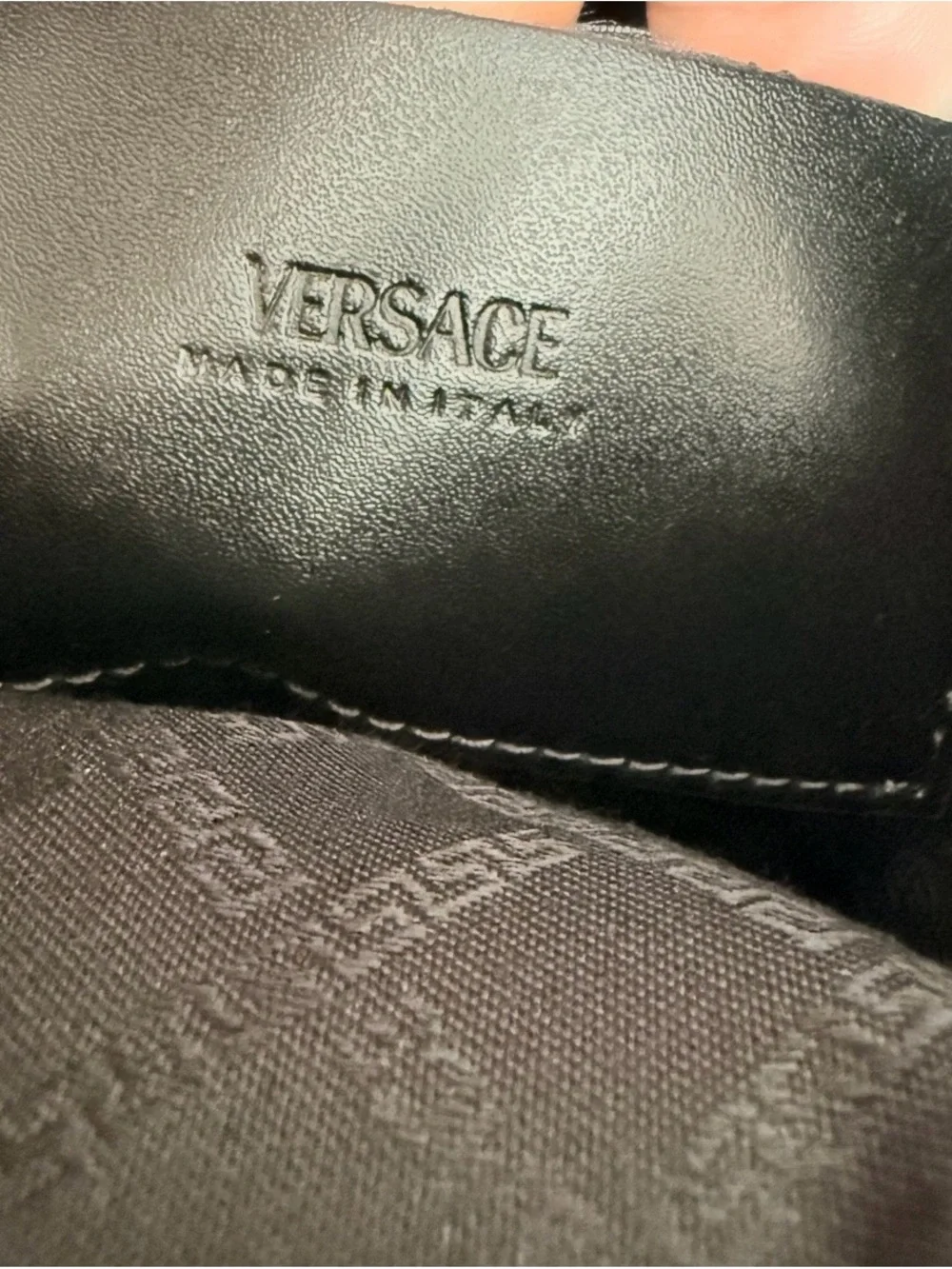 Versace Black Leather Messenger Crossbody with Gold Plaque